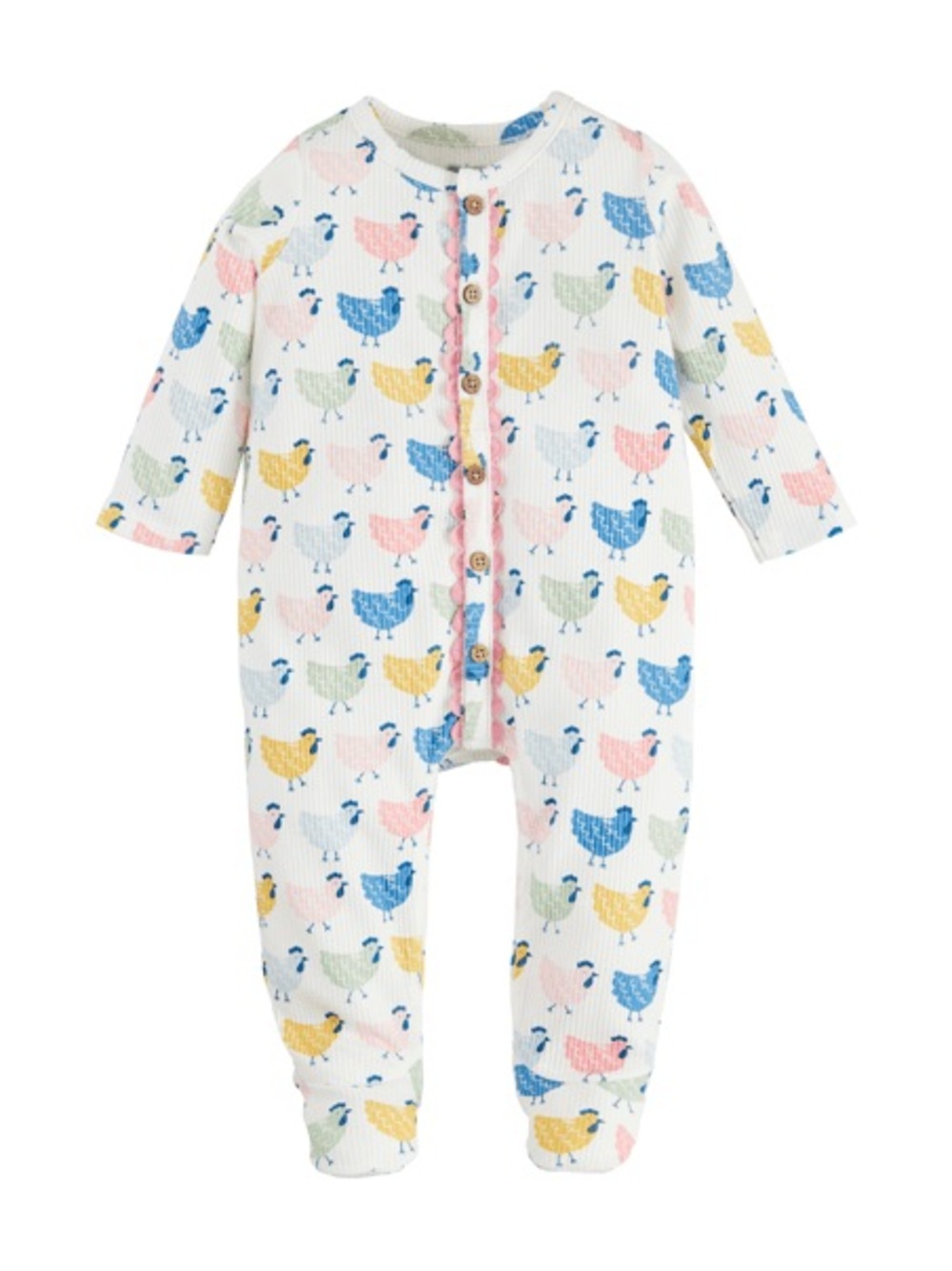 Mud Pie Hen Print Footed One-Piece Romper - Blue, Pink, Yellow, Green